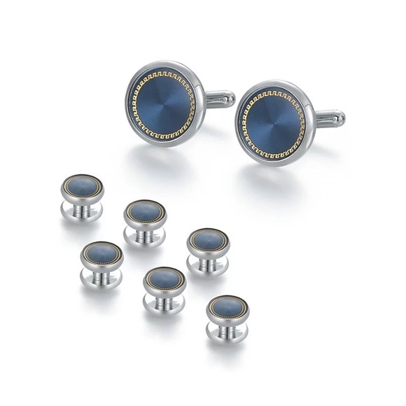 Elegant Royal Blue Gold Outlined Round Cufflinks Tuxedo Studs Formal 8 Pcs Set - Picture 4 of 16